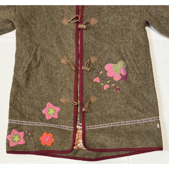 OILILY - Women's Brown Wool Flower Embroidered Coat Jacket - Size 42 - Picture 12 of 13